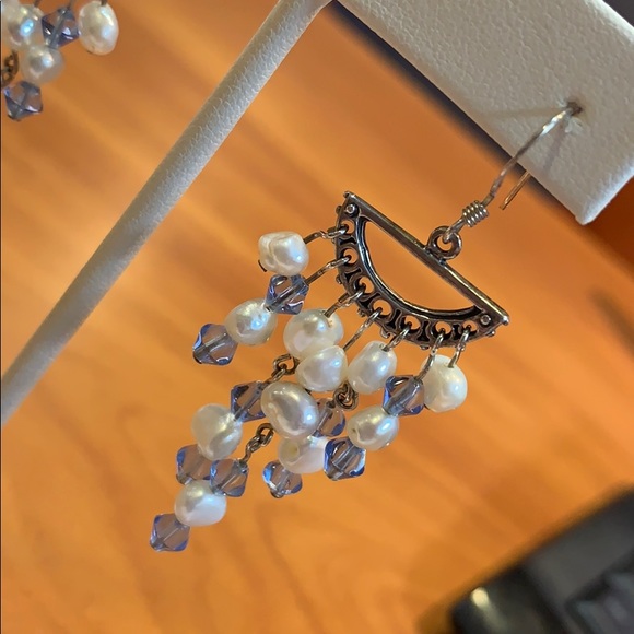 Freshwater Pearl and Blue Bead Dangle Earrings - Picture 2 of 5